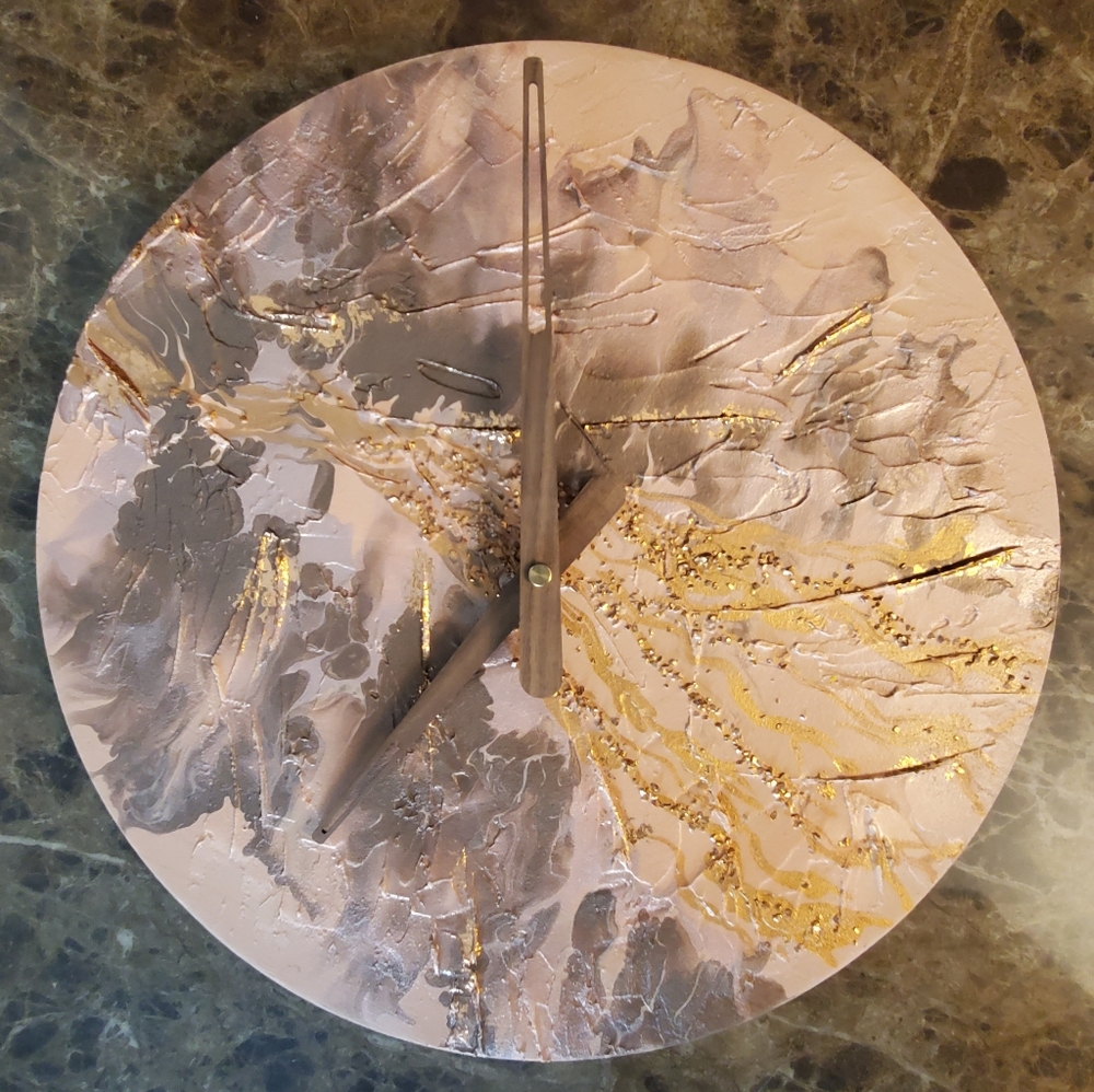 15" Circular Hand-Painted Wall Clock, Gold, Brown, Peach, minimalist style